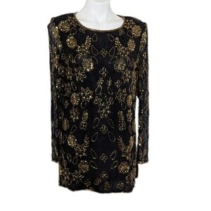 VTG Black and Gold Silk Beaded Floral Side Slit Long Sleeve Tunic Formal Top